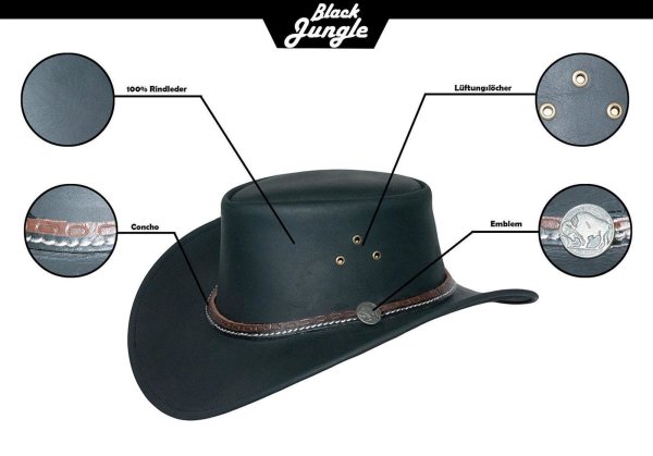 Black Jungle BEAGLE Outdoor Western Lederhut Australien Cowboy Lederhüte Reiterhut Unisex Schwarz L