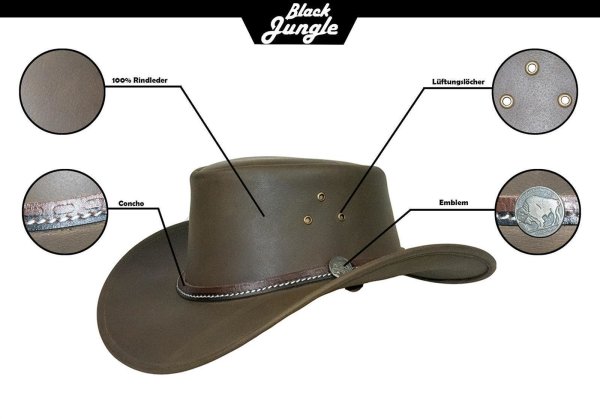 Black Jungle BEAGLE Outdoor Western Lederhut Australien Cowboy Lederhüte Reiterhut Unisex Khaki L (59-60 cm)